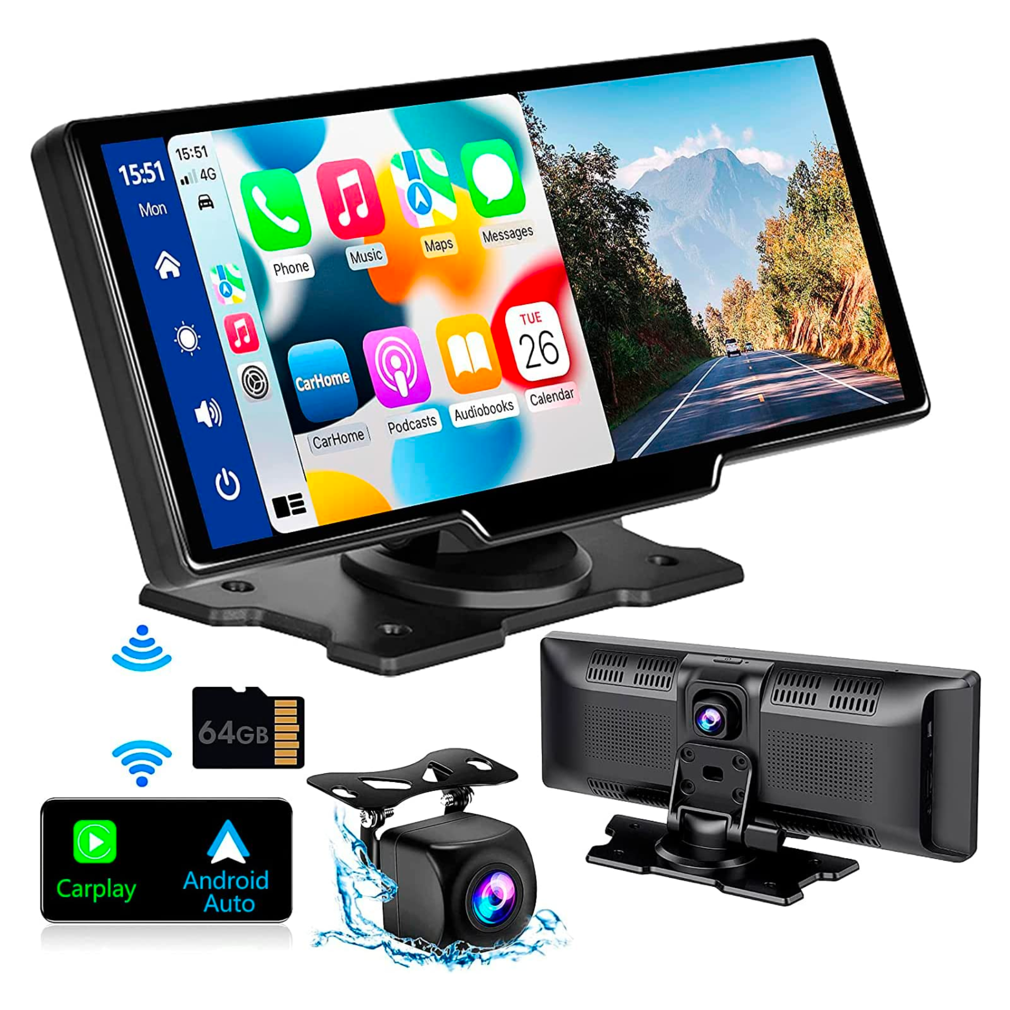 Wireless Carplay & Android Auto 1080P Dash Camera Car Stereo - 10.26" HD IPS Screen, Loop Recording & Bluetooth + More!