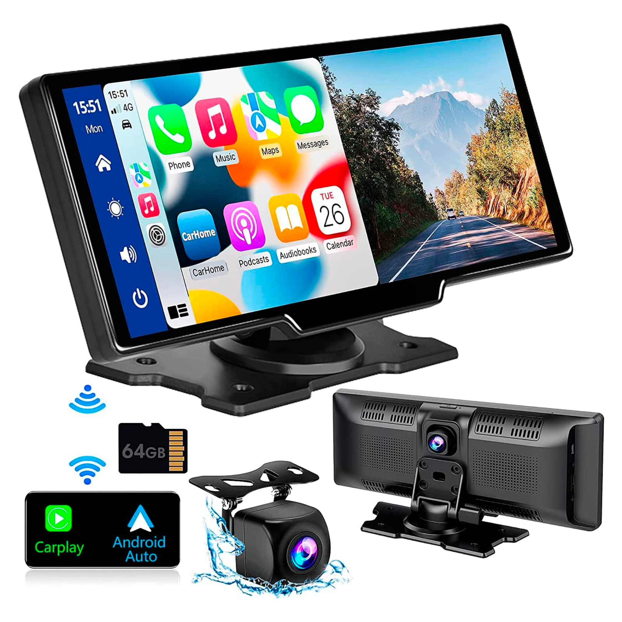 10.26" Wireless Apple CarPlay & Android Auto Tablet with Built-In Dash Cam