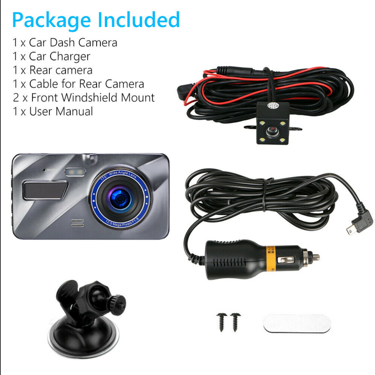 1080P Front and Rear Night Vision Dual Dash Camera Video Recorder