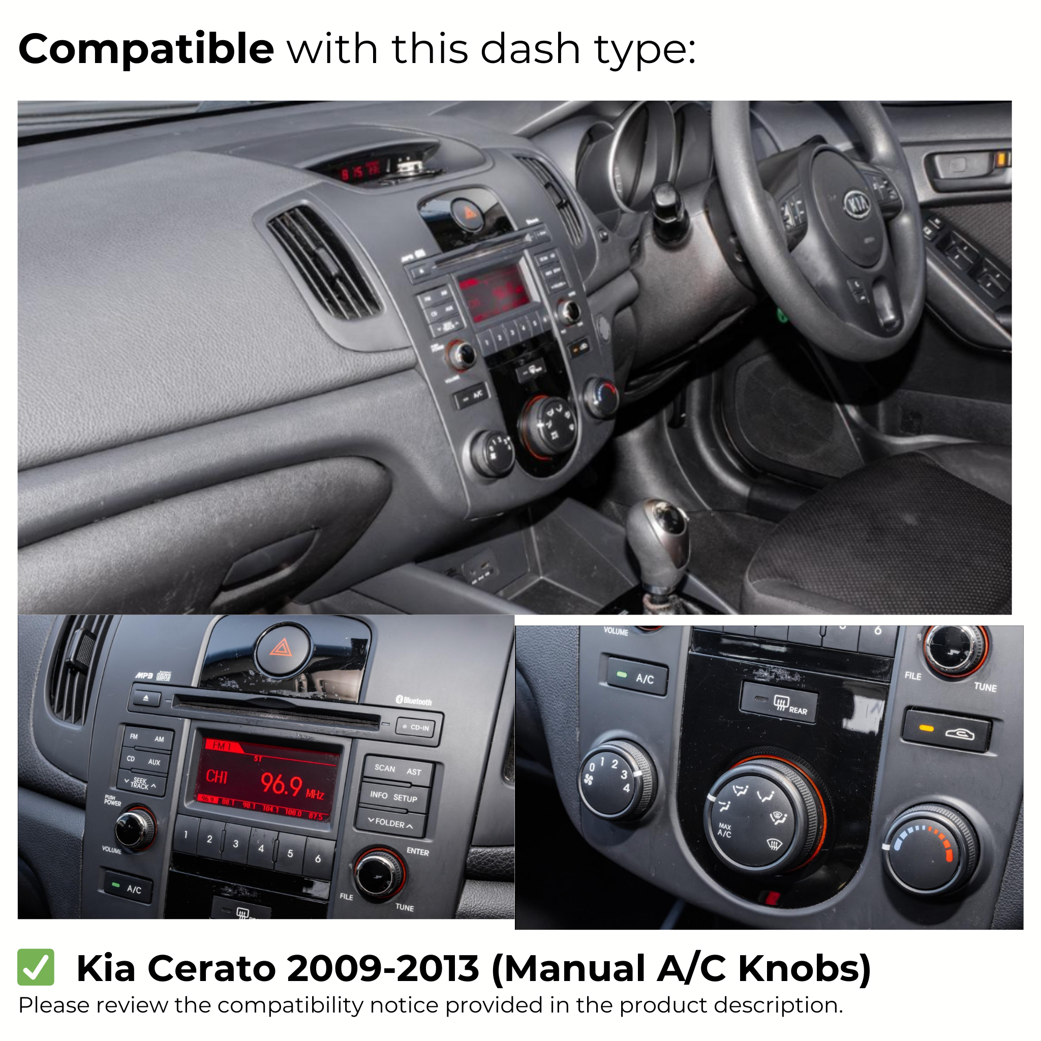 Kia Cerato 2009-2013 | Apple CarPlay & Android Auto Head Unit Upgrade Kit | Manual A/C Knobs