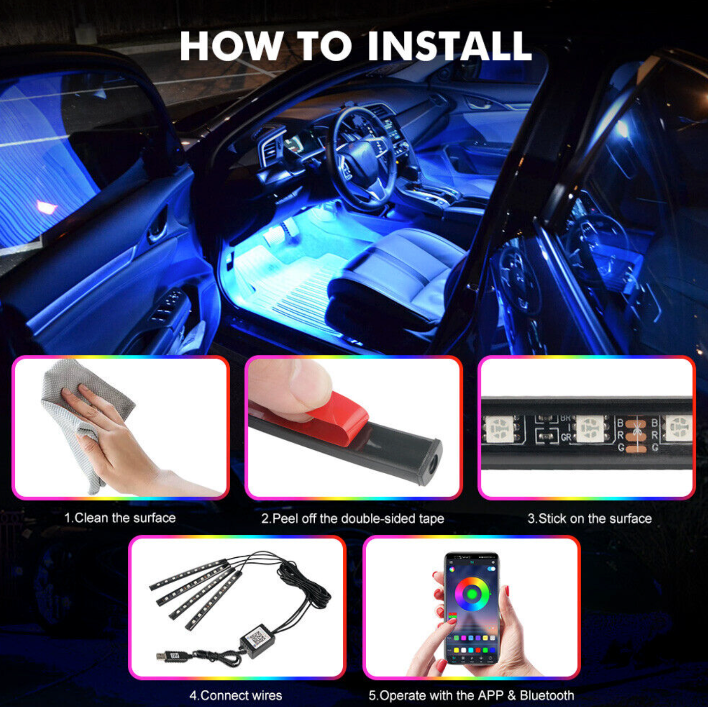 Bluetooth App Controlled LED RGB Car Interior Light Strips