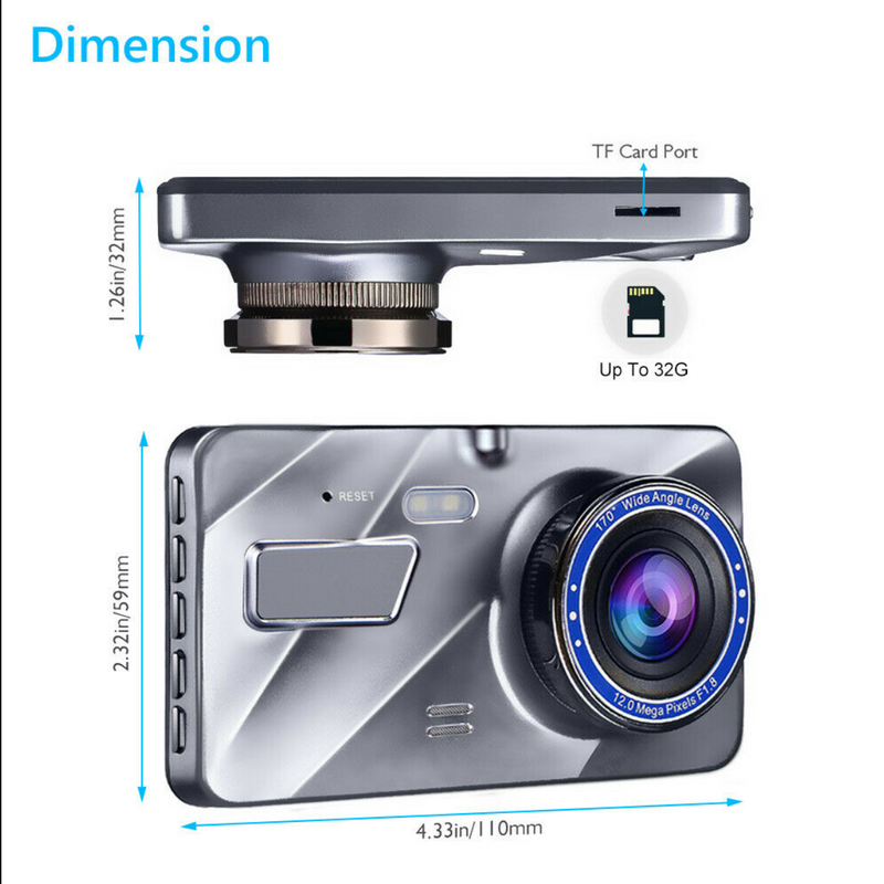 1080P Front and Rear Night Vision Dual Dash Camera Video Recorder