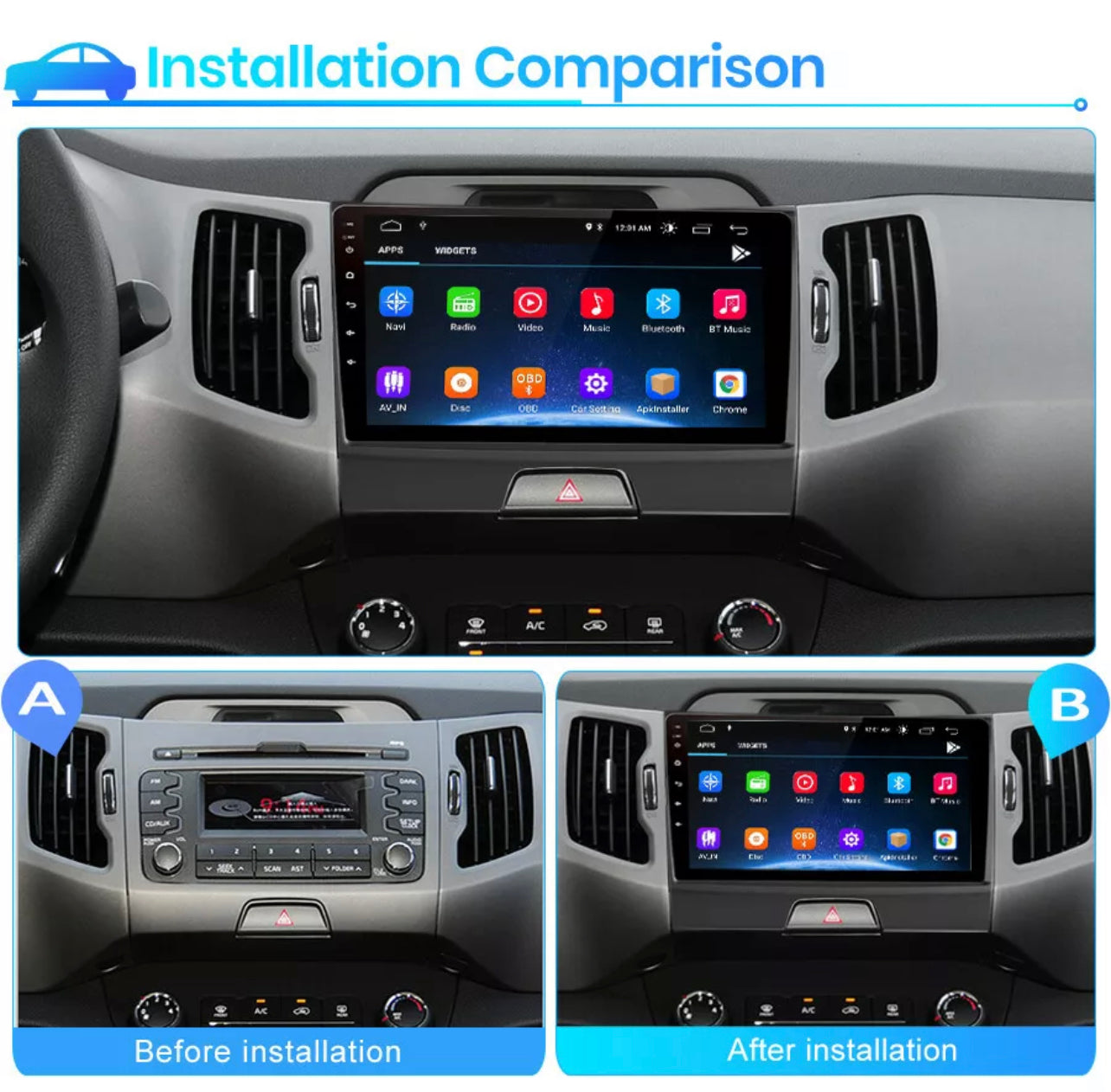 KIA Sportage 2010-2016 Apple CarPlay and Android Auto Plug and Plug Head Unit Upgrade Kit